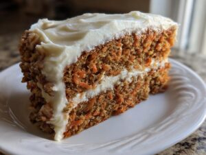 A tall slice of moist carrot cake with cream cheese frosting and pecans, resembling the Cheesecake Factory carrot cake recipe.