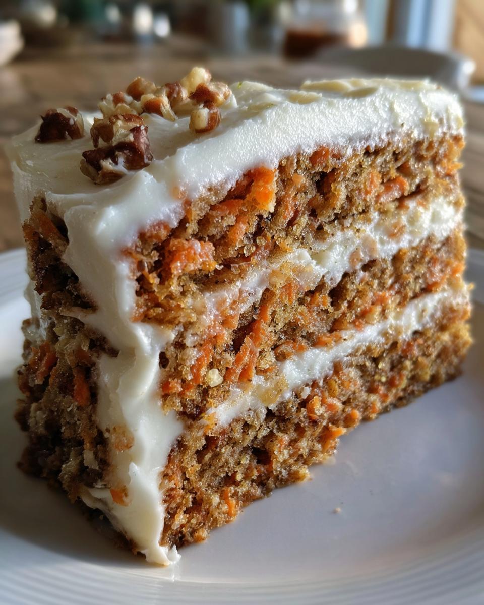 A tall slice of layered carrot cake with cream cheese frosting and pecans, resembling the Cheesecake Factory carrot cake recipe.