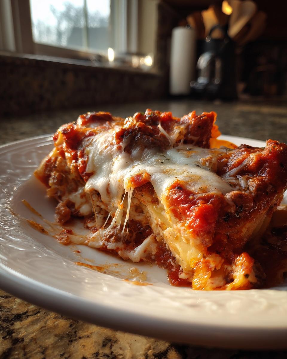 A close-up of a cheesy slice of crockpot ravioli lasagna with melted mozzarella and rich tomato sauce.