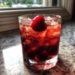 A glass filled with a bright red, bubbly cherry bourbon smash cocktail, garnished with fresh cherries on ice.