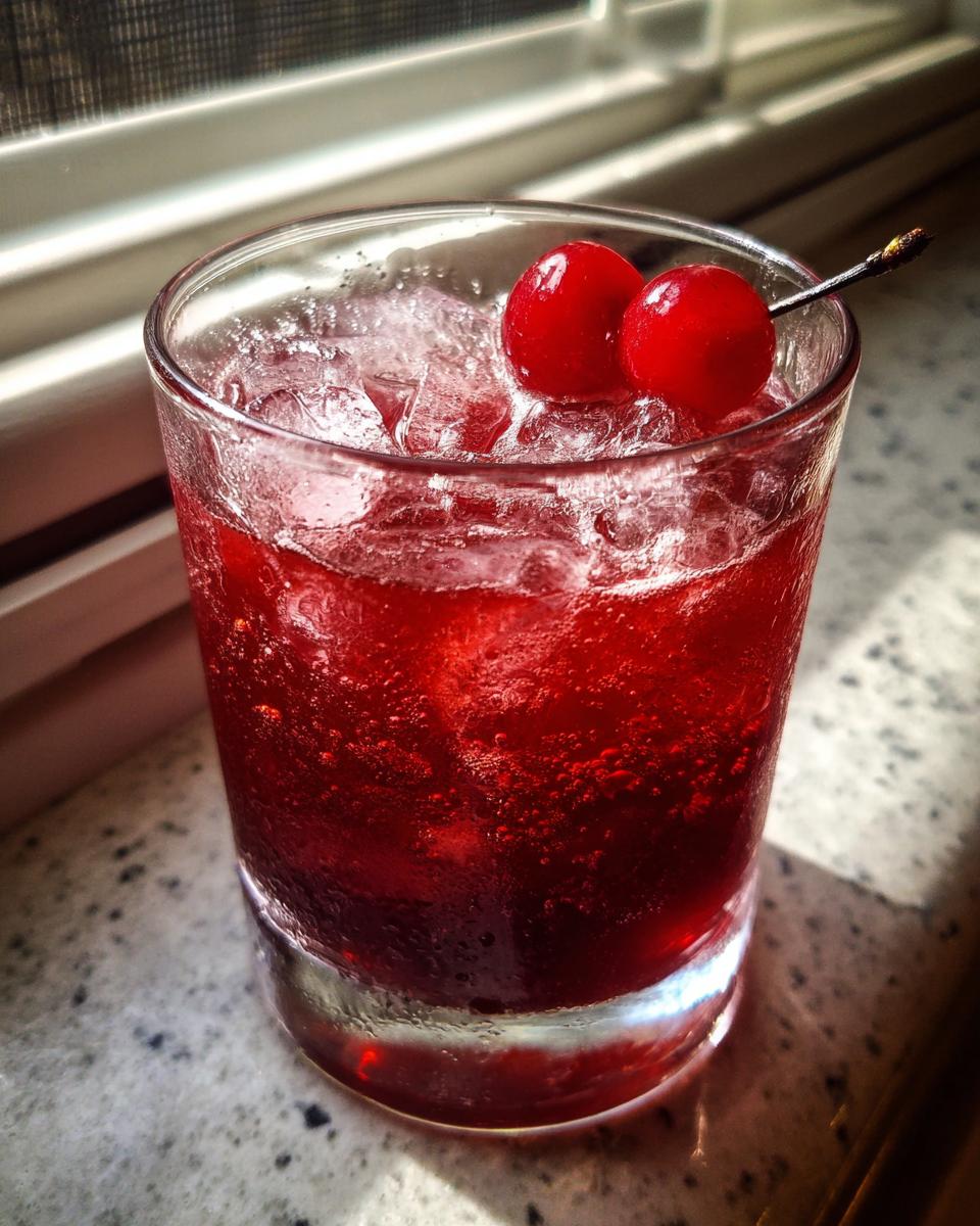 Close-up of a bright red cherry bourbon smash cocktail filled with ice and garnished with two maraschino cherries.