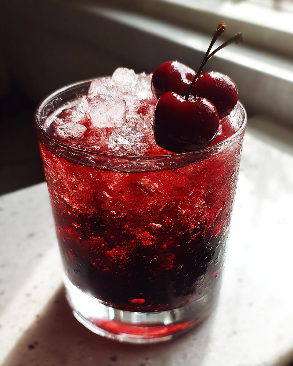 A vibrant red Cherry Bourbon Smash cocktail filled with crushed ice and garnished with three fresh cherries on top.
