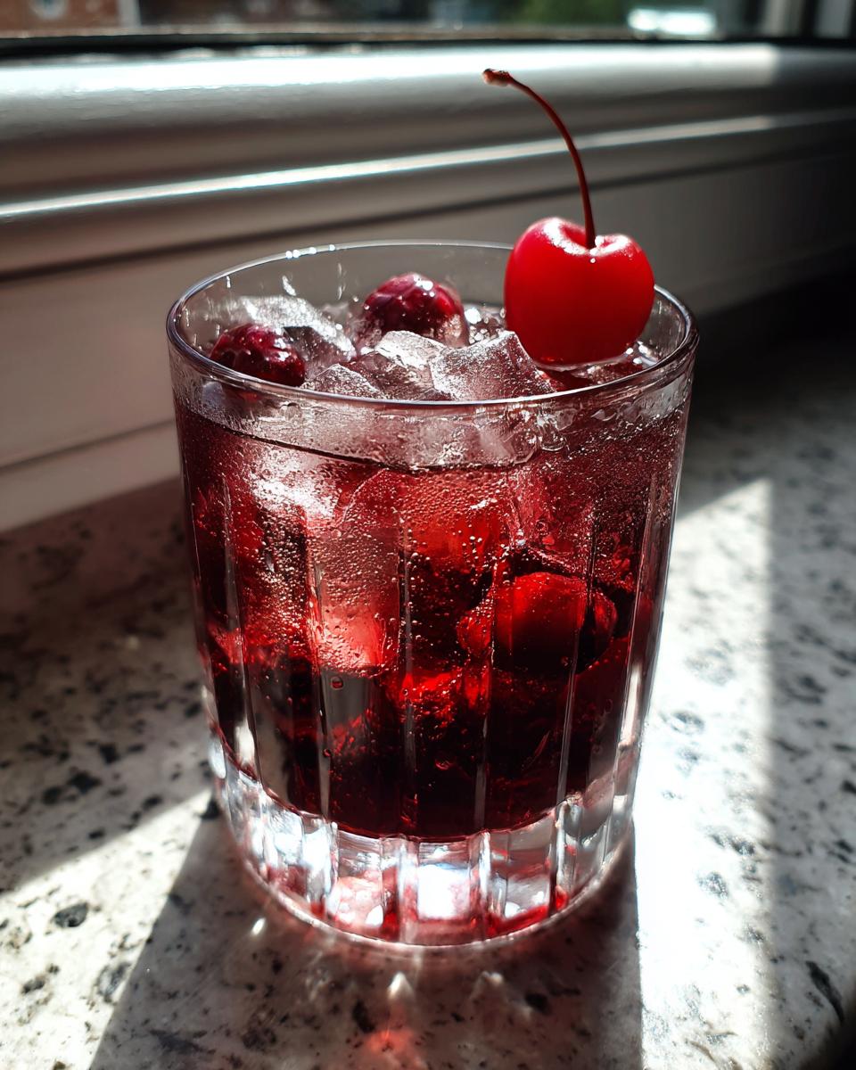 A vibrant, deep red Cherry Bourbon Smash cocktail filled with ice and fresh cherries, garnished with a bright red maraschino cherry.