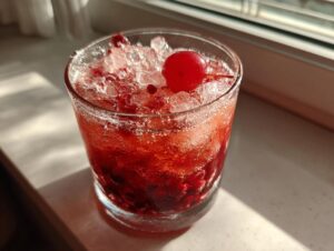 A close-up of a vibrant red cherry bourbon smash cocktail filled with crushed ice and topped with a maraschino cherry.