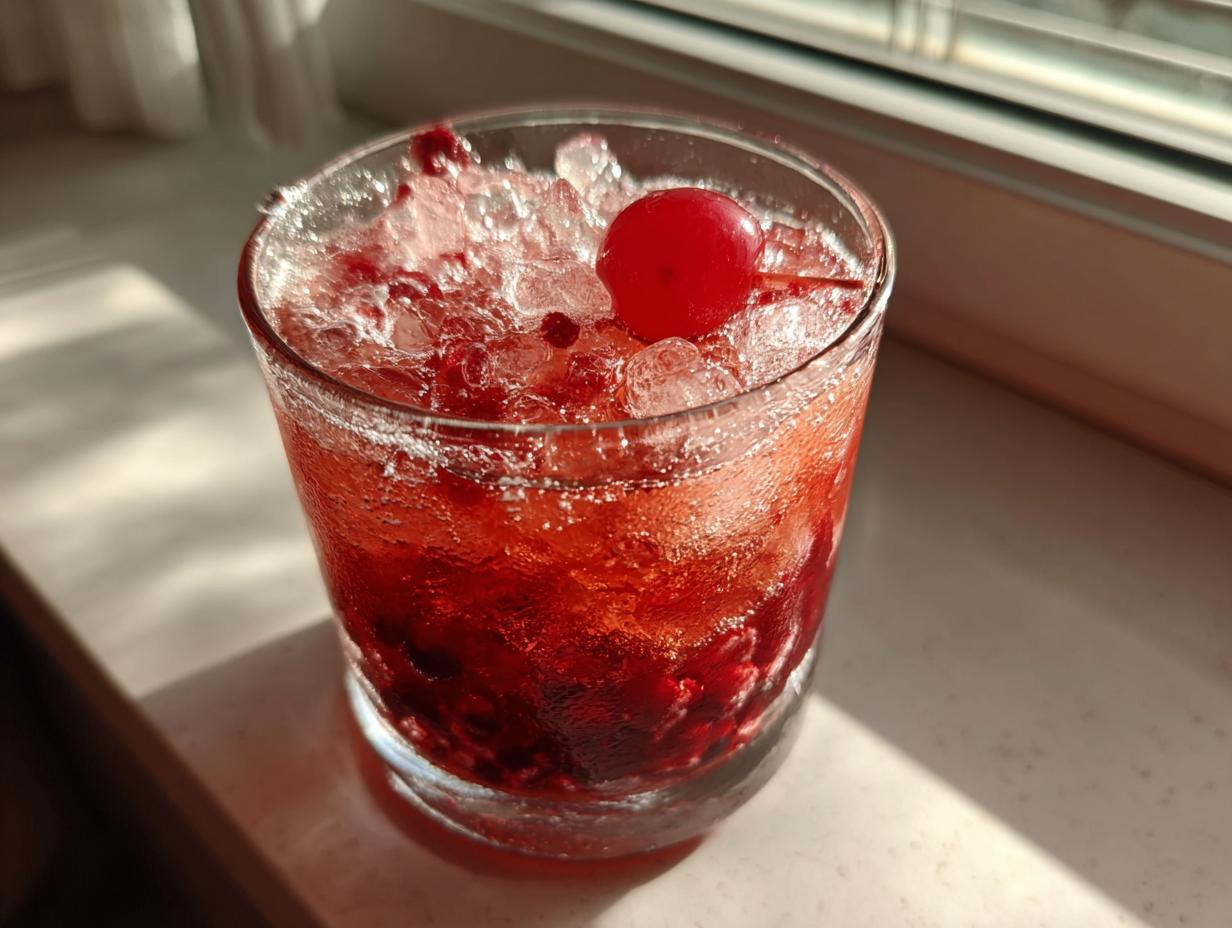 A close-up of a vibrant red cherry bourbon smash cocktail filled with crushed ice and topped with a maraschino cherry.
