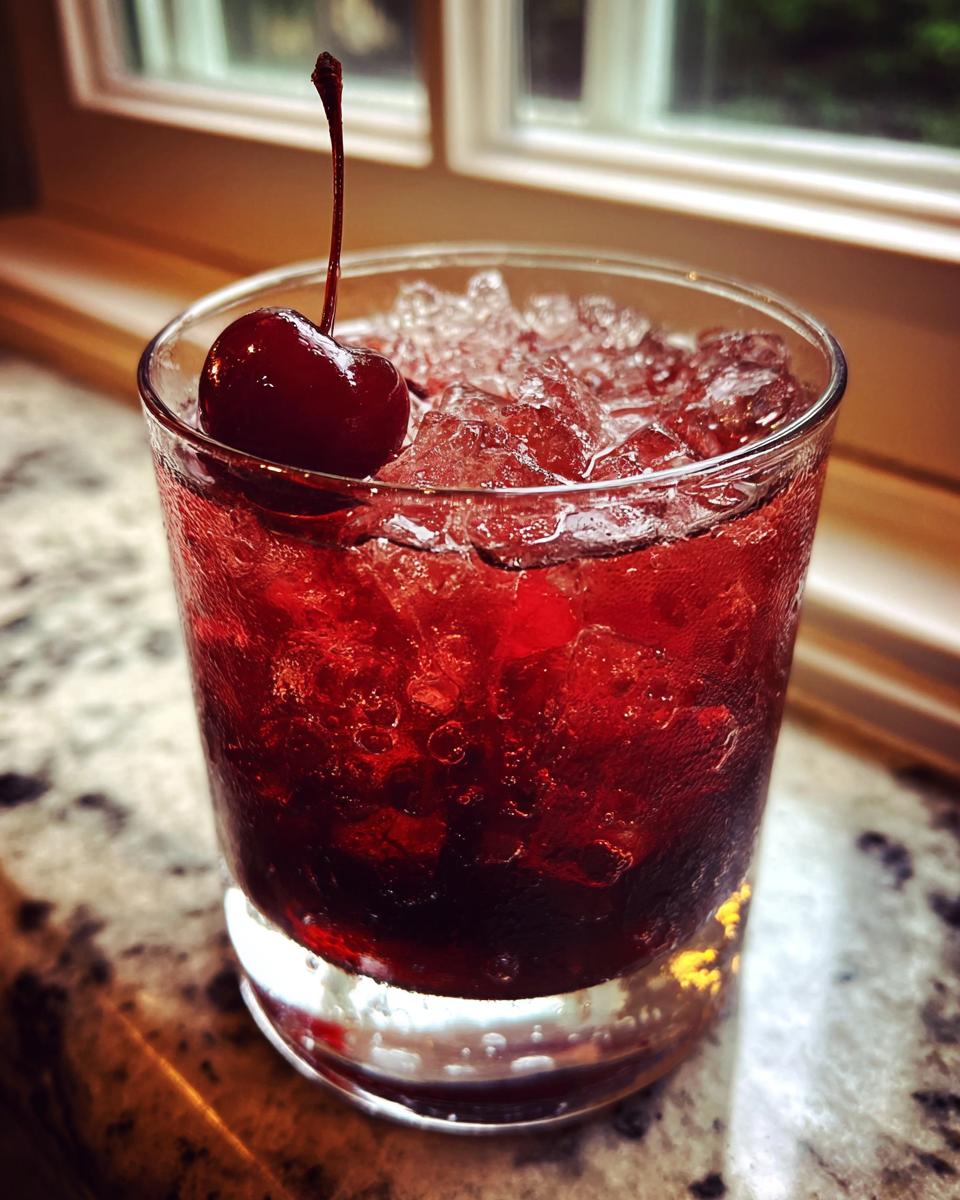 A vibrant red Cherry Bourbon Smash cocktail served over crushed ice, garnished with a maraschino cherry.