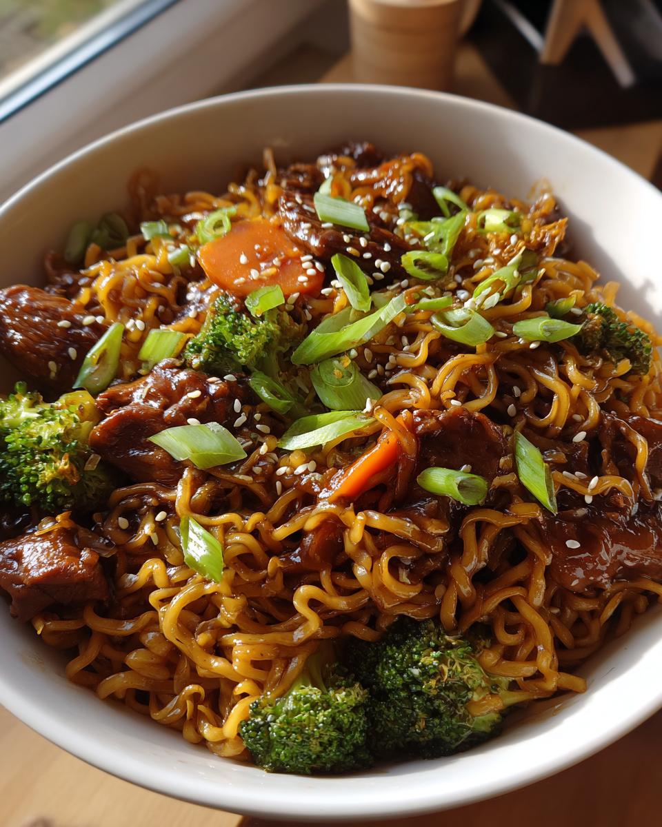 Close-up of a bowl filled with saucy chicken ramen stir fry, featuring broccoli florets, carrots, and green onions.