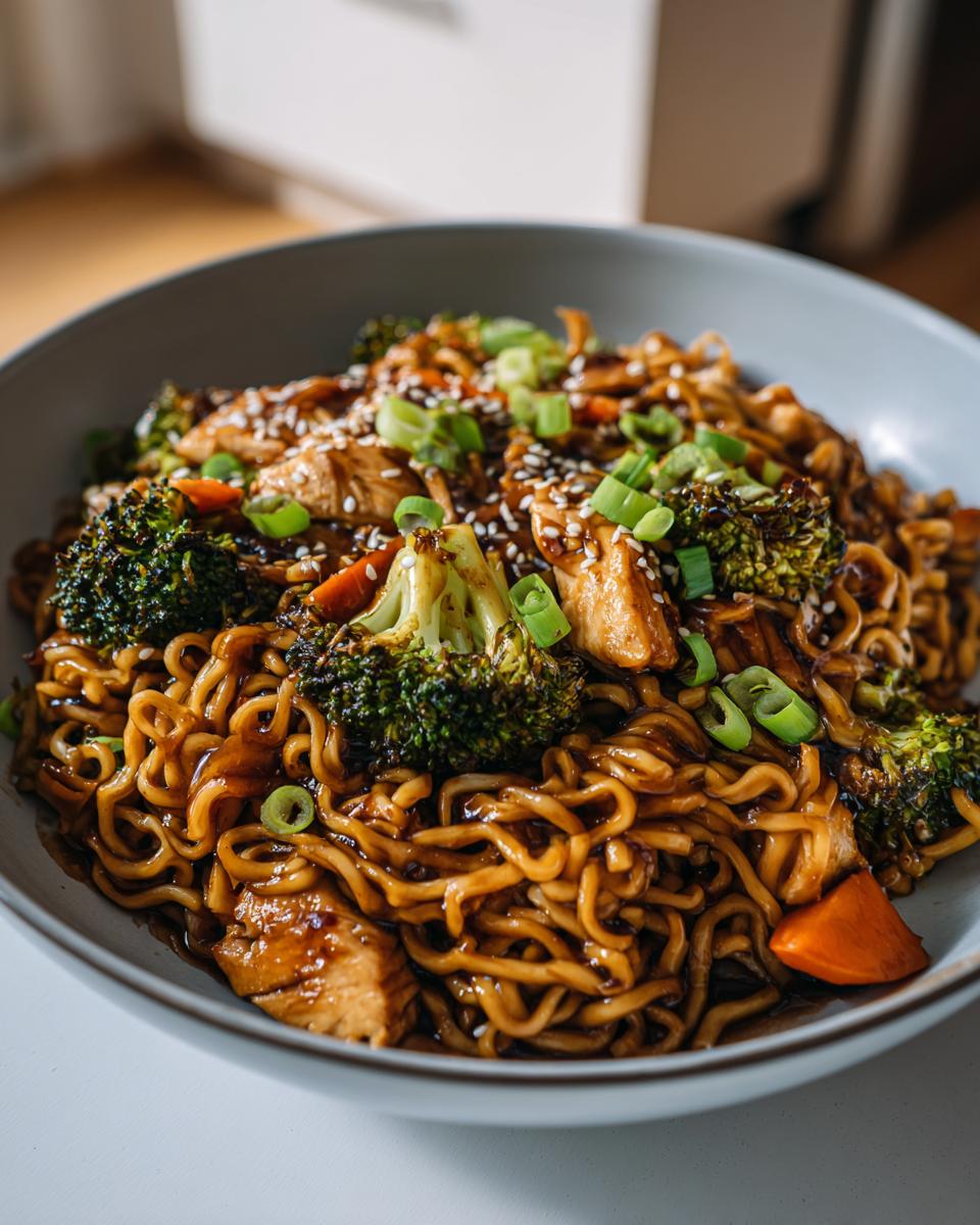 Close-up of a savory chicken ramen stir fry bowl, featuring dark sauce-coated noodles, chicken pieces, broccoli, and sesame seeds.