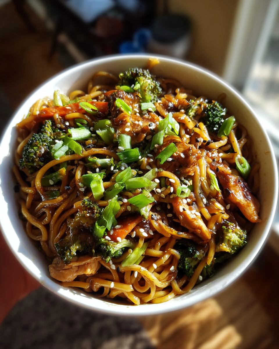 A close-up overhead view of a white bowl filled with glossy chicken ramen stir fry, broccoli, and topped with green onions and sesame seeds.