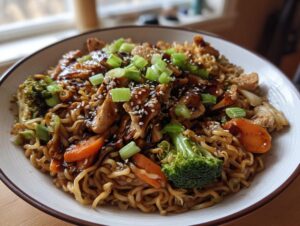 A close-up of a bowl filled with delicious chicken ramen stir fry, topped with sesame seeds and green onions.