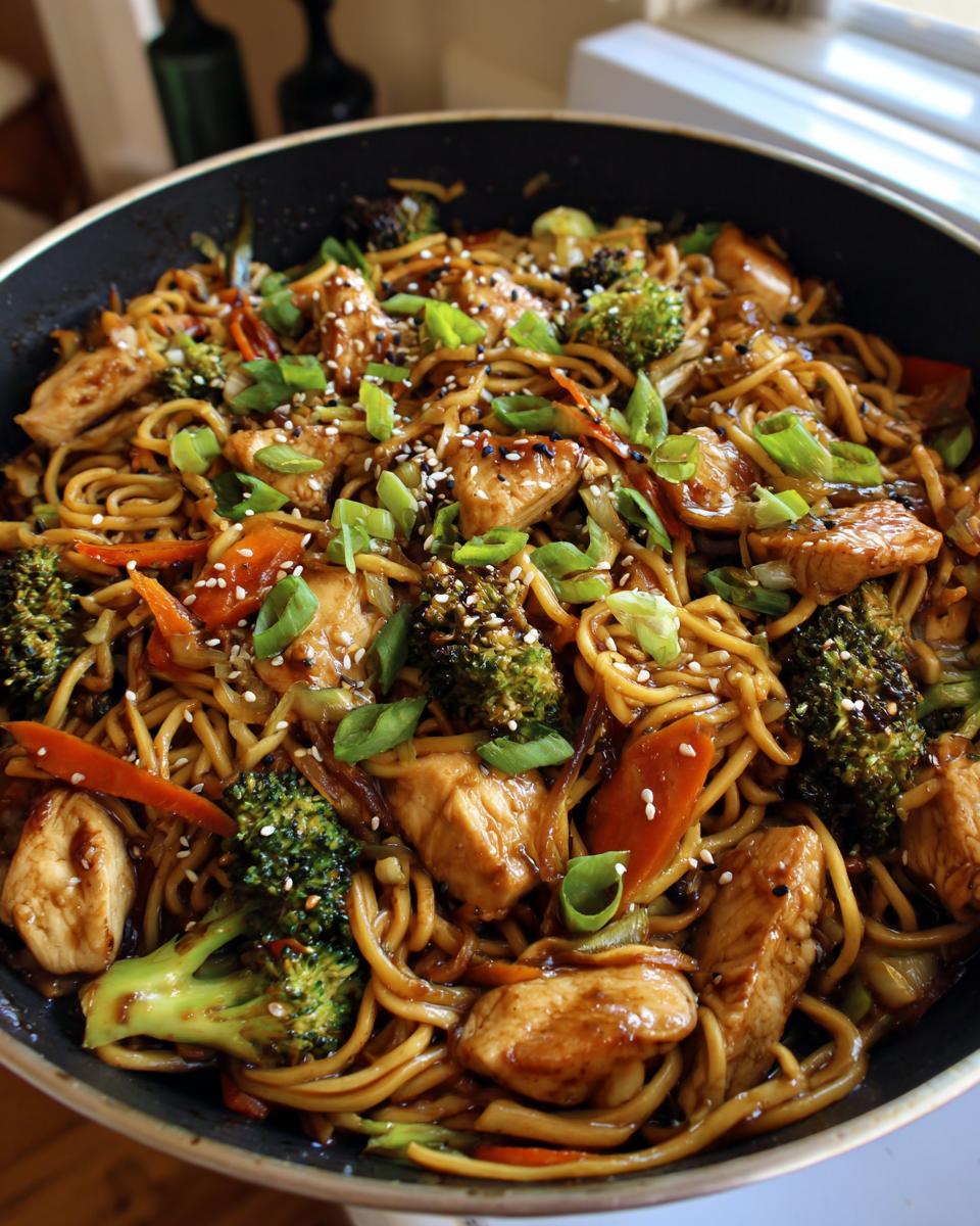 Close-up of a skillet filled with glistening chicken ramen stir fry, featuring chicken pieces, broccoli, carrots, and garnished with sesame seeds.