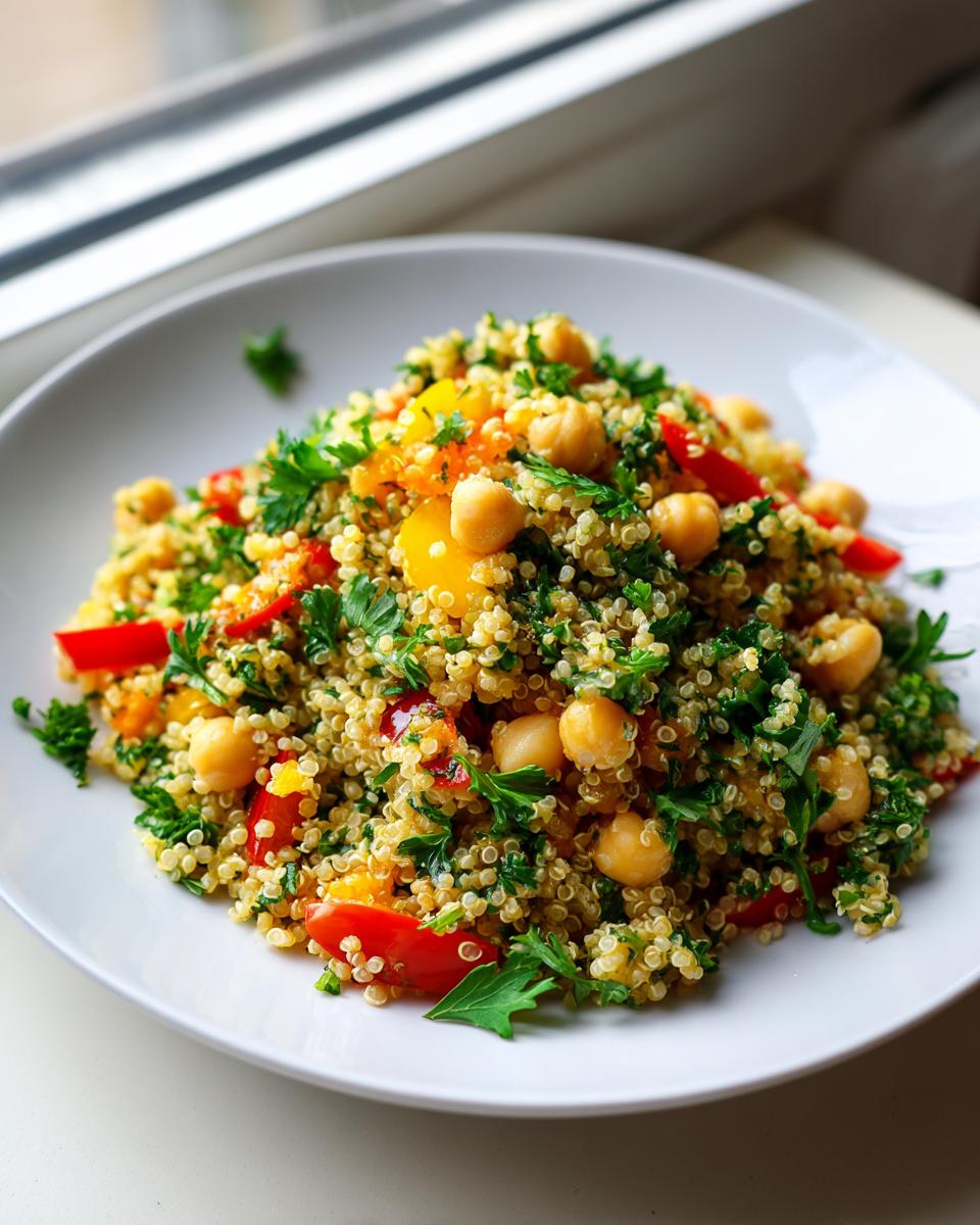 A bright serving of chickpea quinoa salad mixed with chickpeas, red and yellow peppers, and fresh parsley on a white plate.