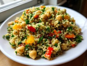 A close-up of a vibrant chickpea quinoa salad mixed with chopped bell peppers and parsley, served on a white plate.