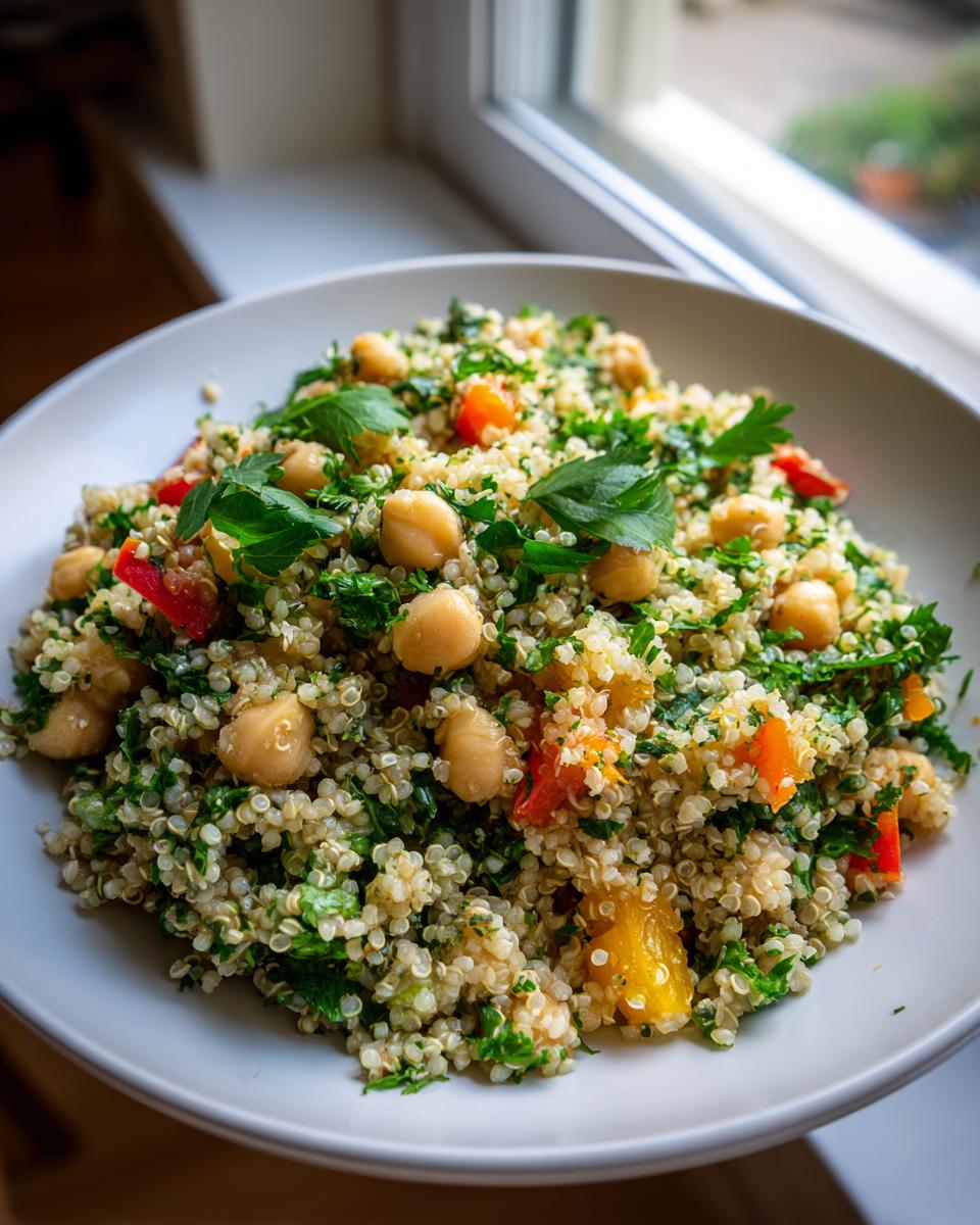 A close-up of a vibrant chickpea quinoa salad mixed with fresh parsley, chickpeas, and diced orange/red peppers.