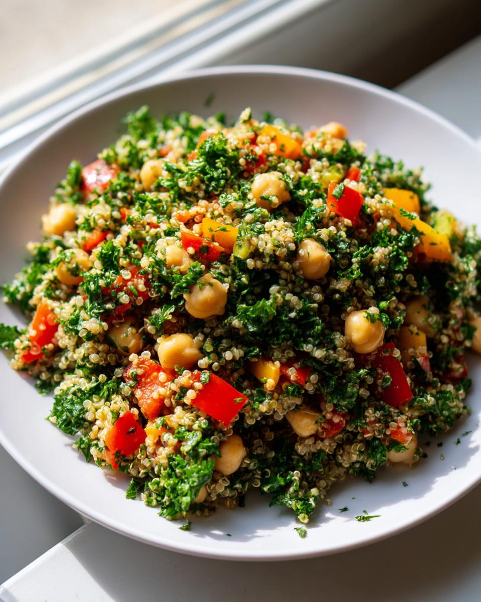 A bright, close-up serving of chickpea quinoa salad mixed with chopped kale and colorful bell peppers.