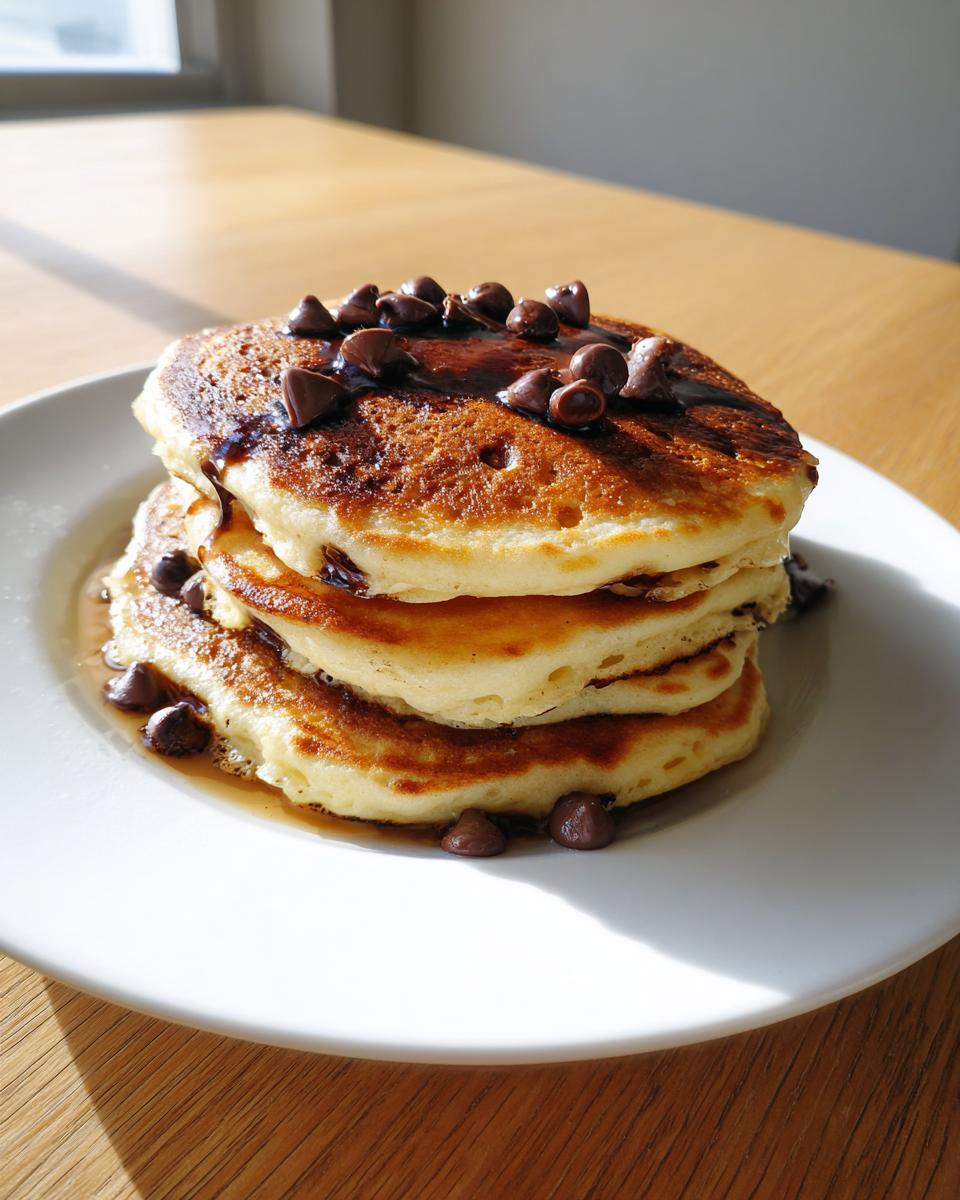 A tall stack of three golden brown chocolate chip pancakes drizzled with syrup and topped with chocolate chips.