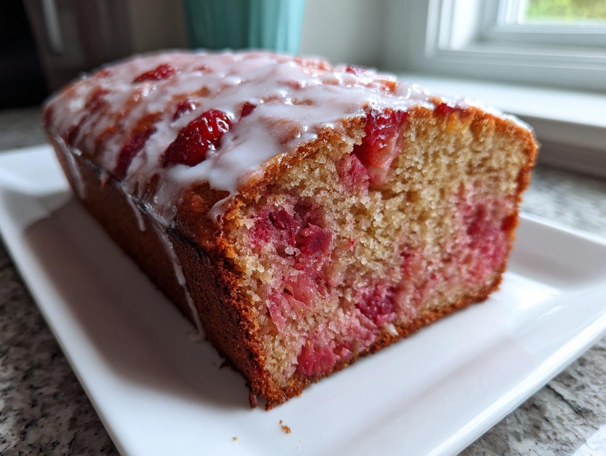 A loaf of Cinnamon Rhubarb Bread with Brown Butter, drizzled with white icing, resting on a white platter.