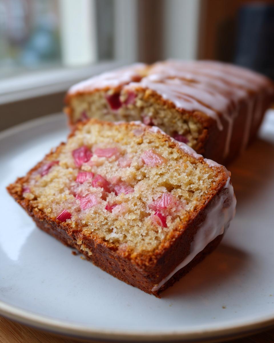 A close-up slice of Cinnamon Rhubarb Bread with visible pink rhubarb pieces, topped with a white glaze.