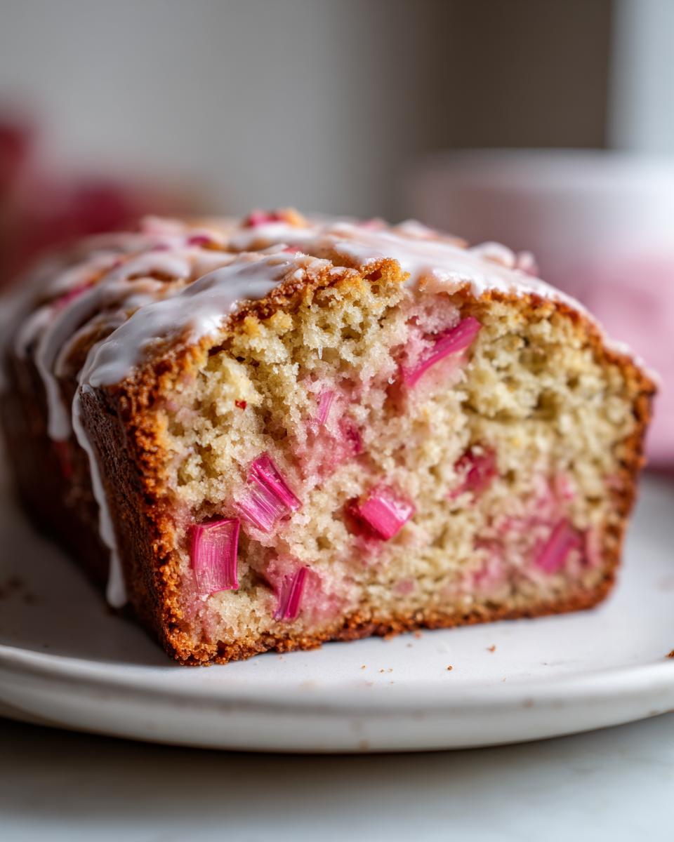 Close-up of a moist slice of Cinnamon Rhubarb Bread with Brown Butter, showing pink rhubarb pieces and white glaze.