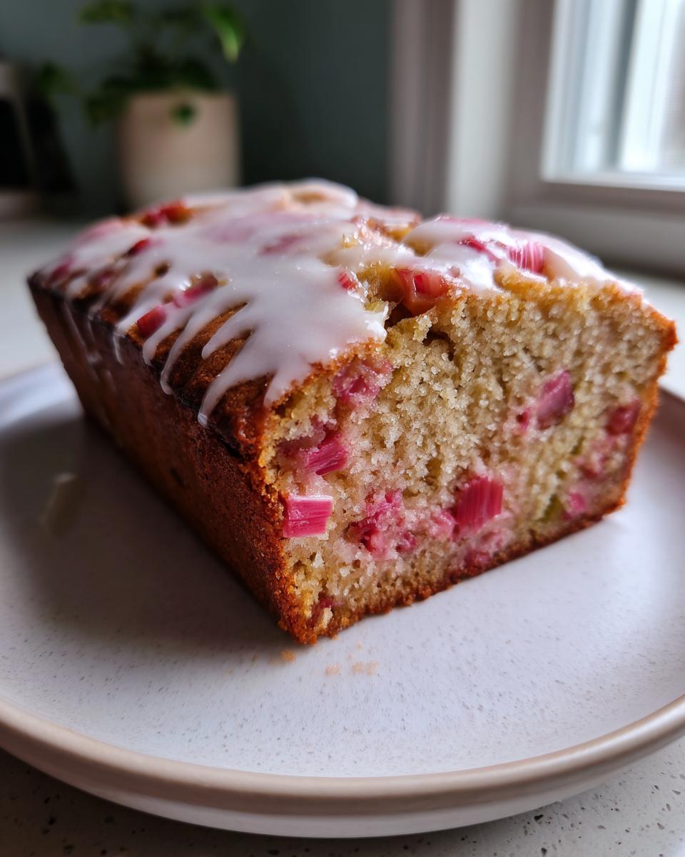 Close-up of a slice of Cinnamon Rhubarb Bread with Brown Butter, topped with white icing and visible pink rhubarb pieces.