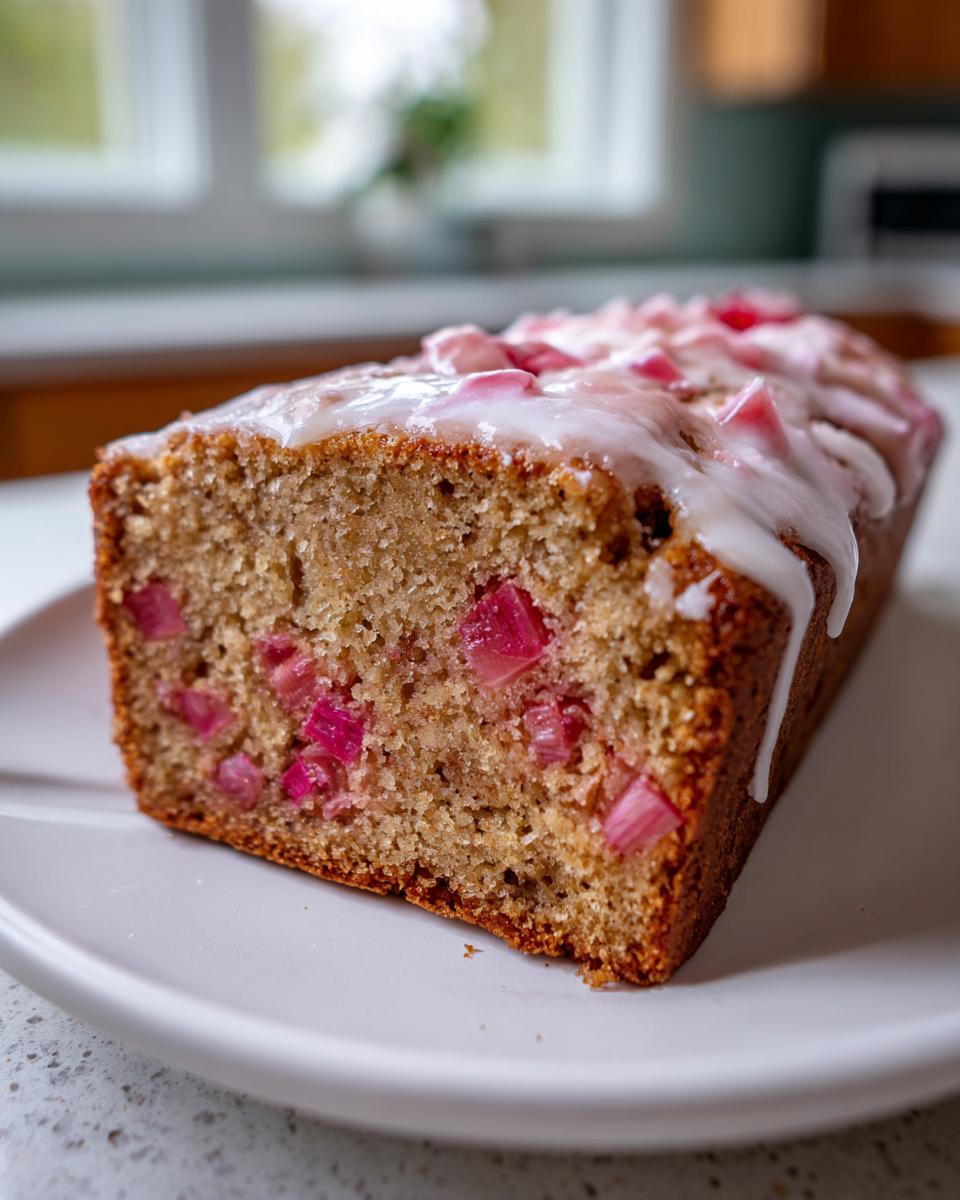 Close-up of a slice of Cinnamon Rhubarb Bread with brown butter glaze and visible pink rhubarb pieces.