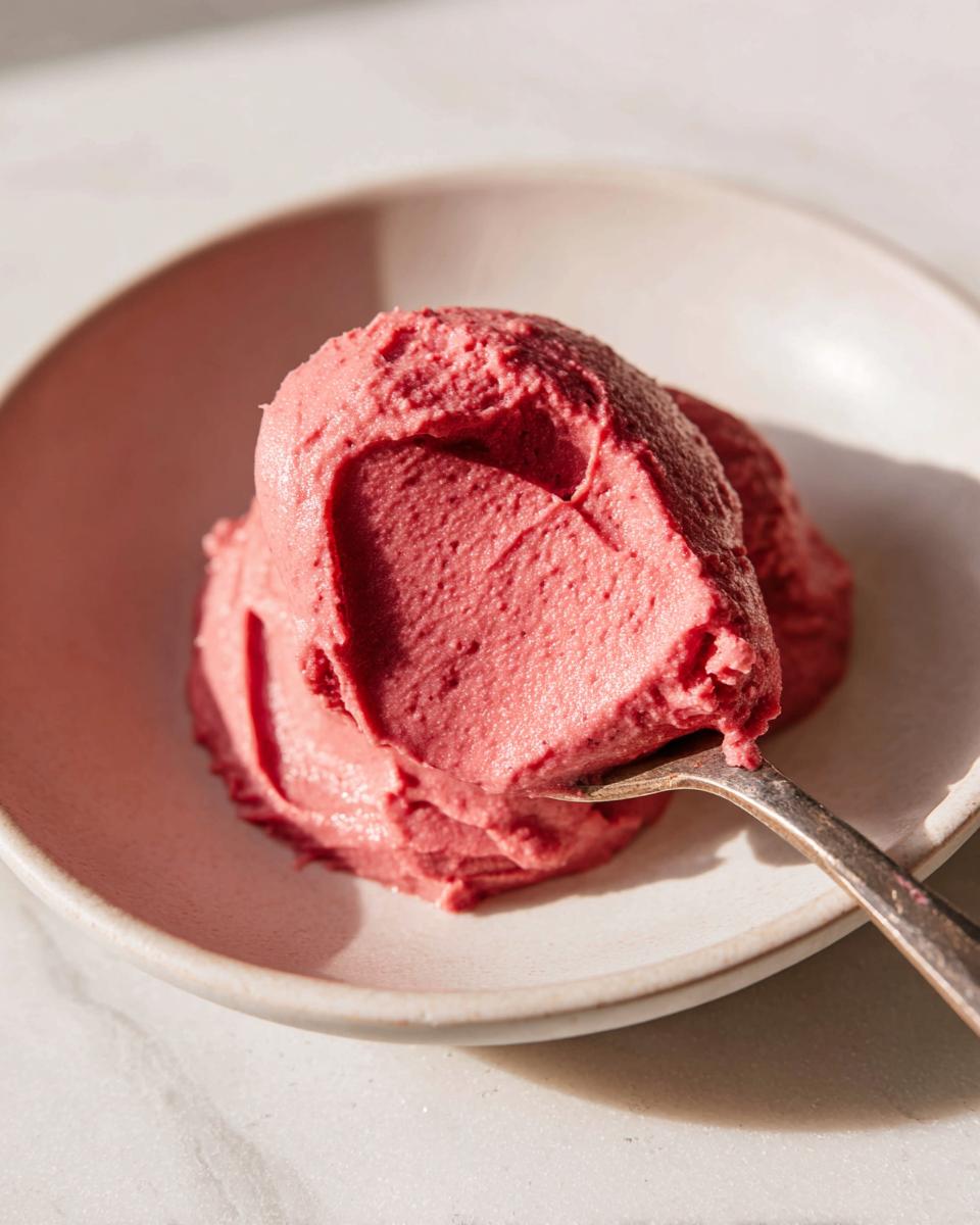 A close-up of a scoop of vibrant pink Cinnamon Rhubarb Butter being lifted by a spoon from a light-colored bowl.