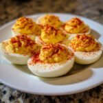 A plate of six creamy, bright yellow deviled eggs generously sprinkled with bright red paprika.