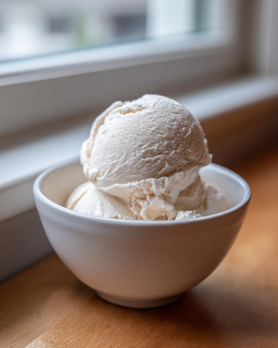 Two scoops of creamy, white cottage cheese ice cream served in a small white bowl near a window.