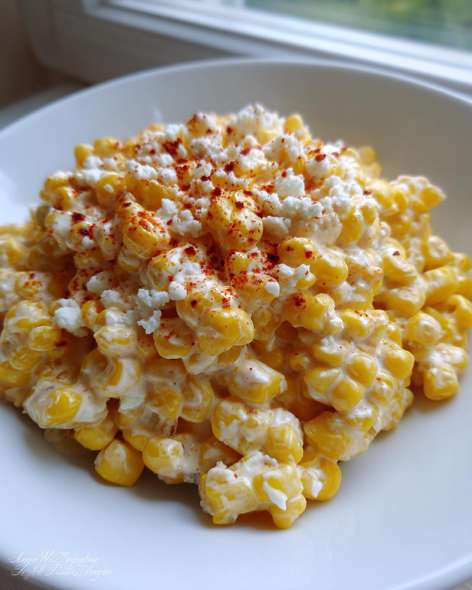 A close-up view of a creamy corn salad topped with crumbled white cheese and a sprinkle of red spice.