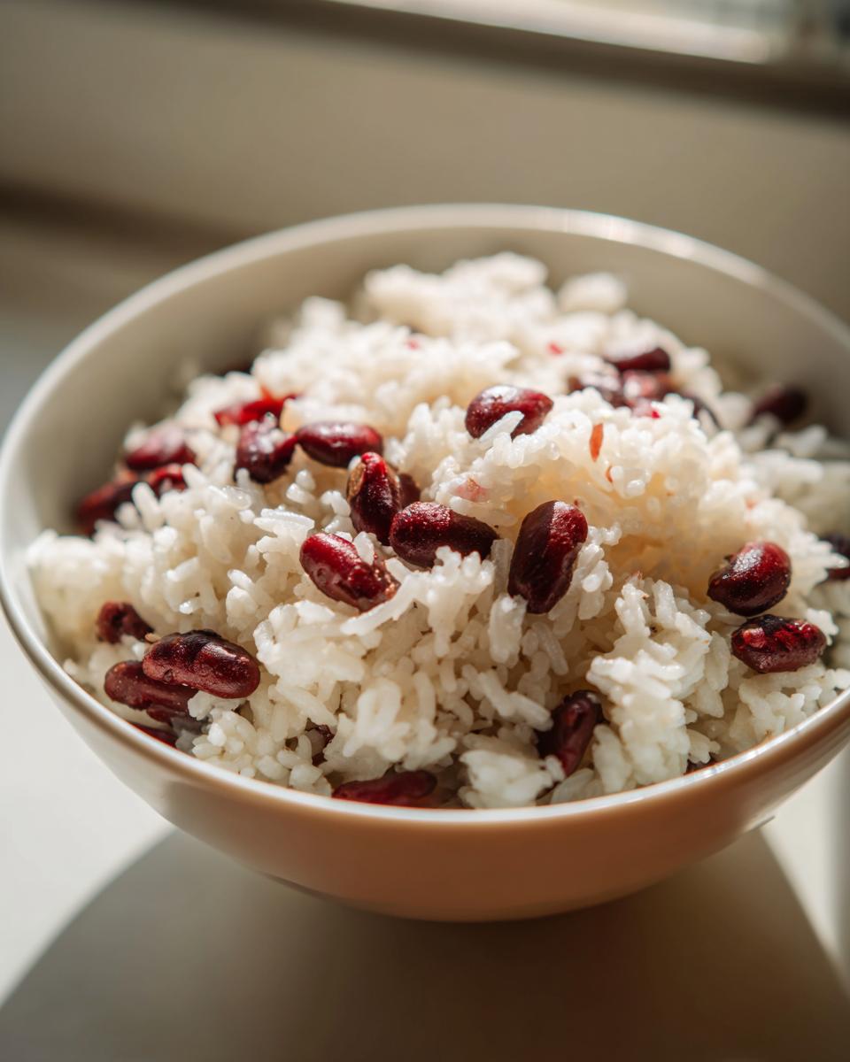 Close-up of fluffy white rice mixed with dark red kidney beans, representing creamy caribbean rice and beans.