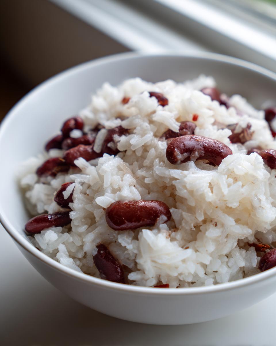 Close-up of fluffy white rice mixed with dark red kidney beans in a white bowl, showcasing creamy caribbean rice and beans.