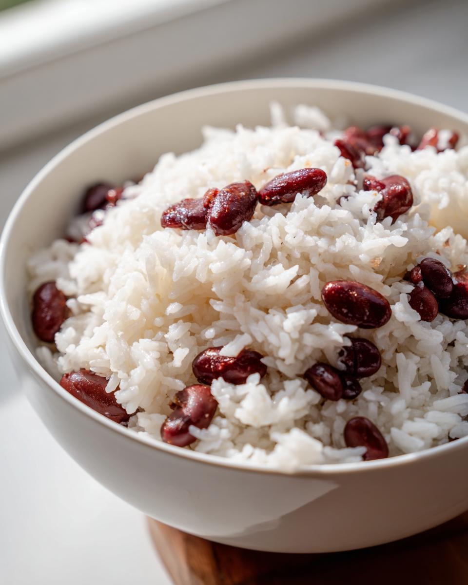 Close-up of fluffy white rice mixed with dark red kidney beans in a white bowl, showcasing creamy caribbean rice and beans.