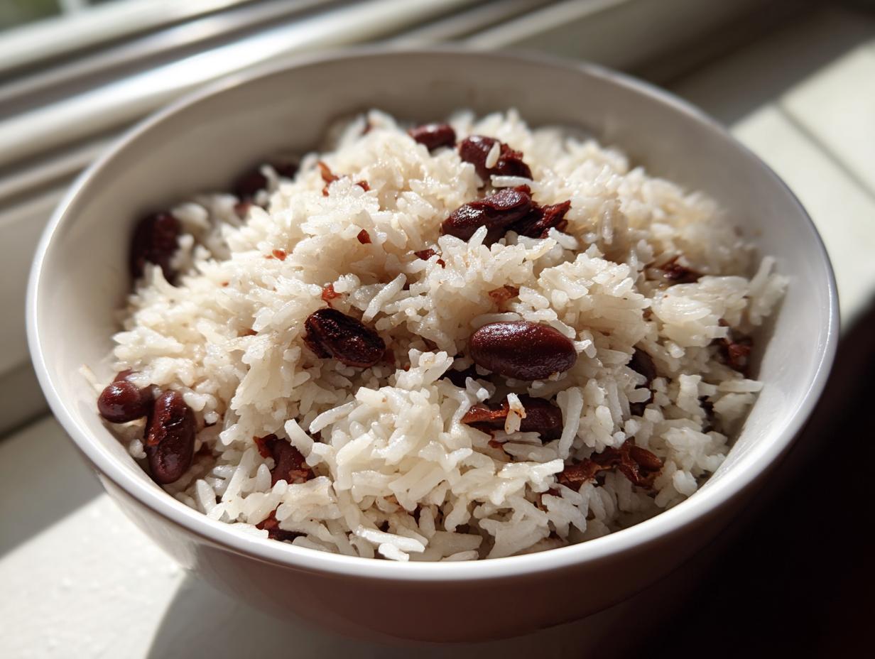 Close-up of a white bowl filled with fluffy white rice mixed with dark red kidney beans, representing creamy caribbean rice and beans.