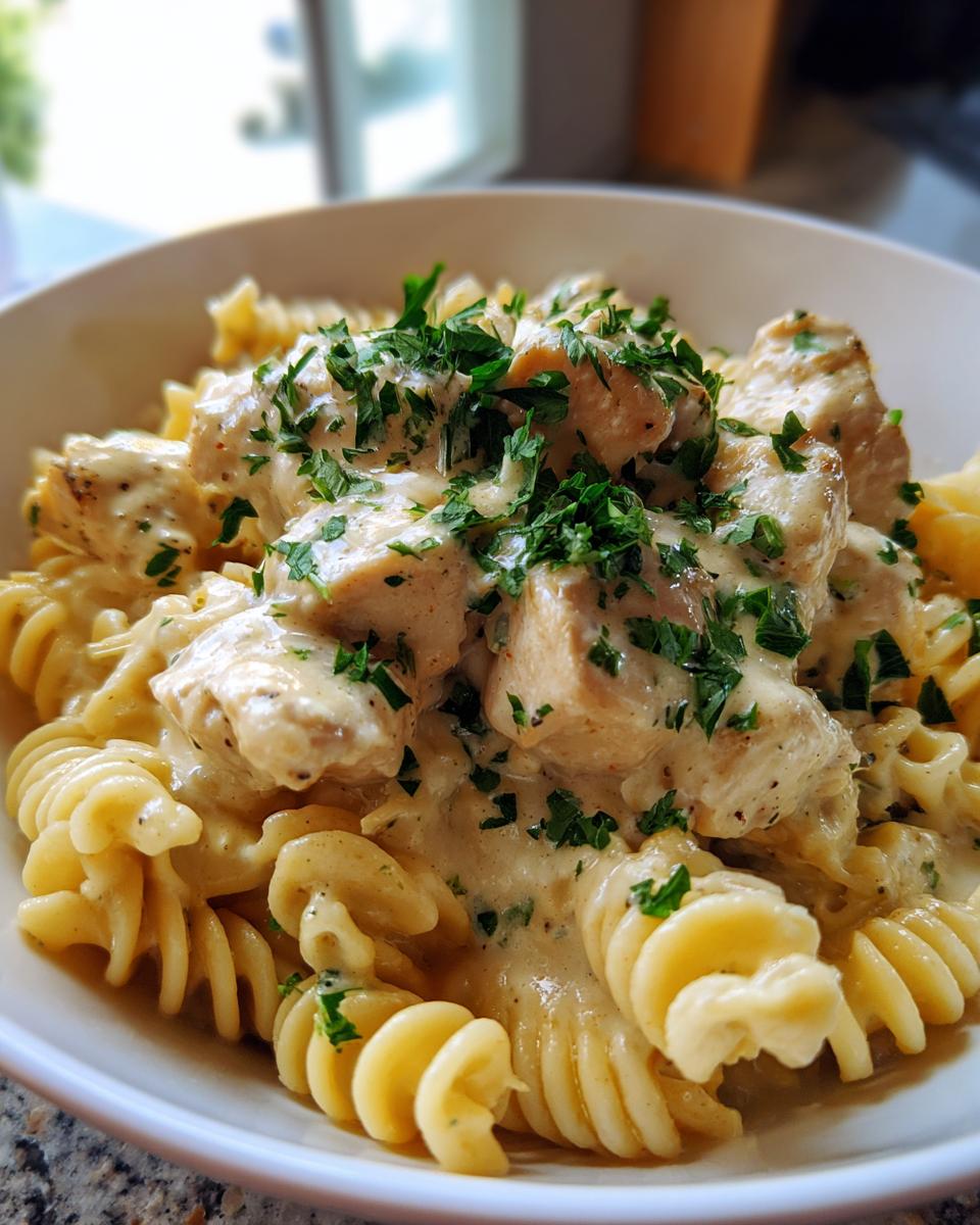 Close-up of fusilli pasta topped with chicken chunks in a creamy garlic parmesan sauce and fresh parsley.