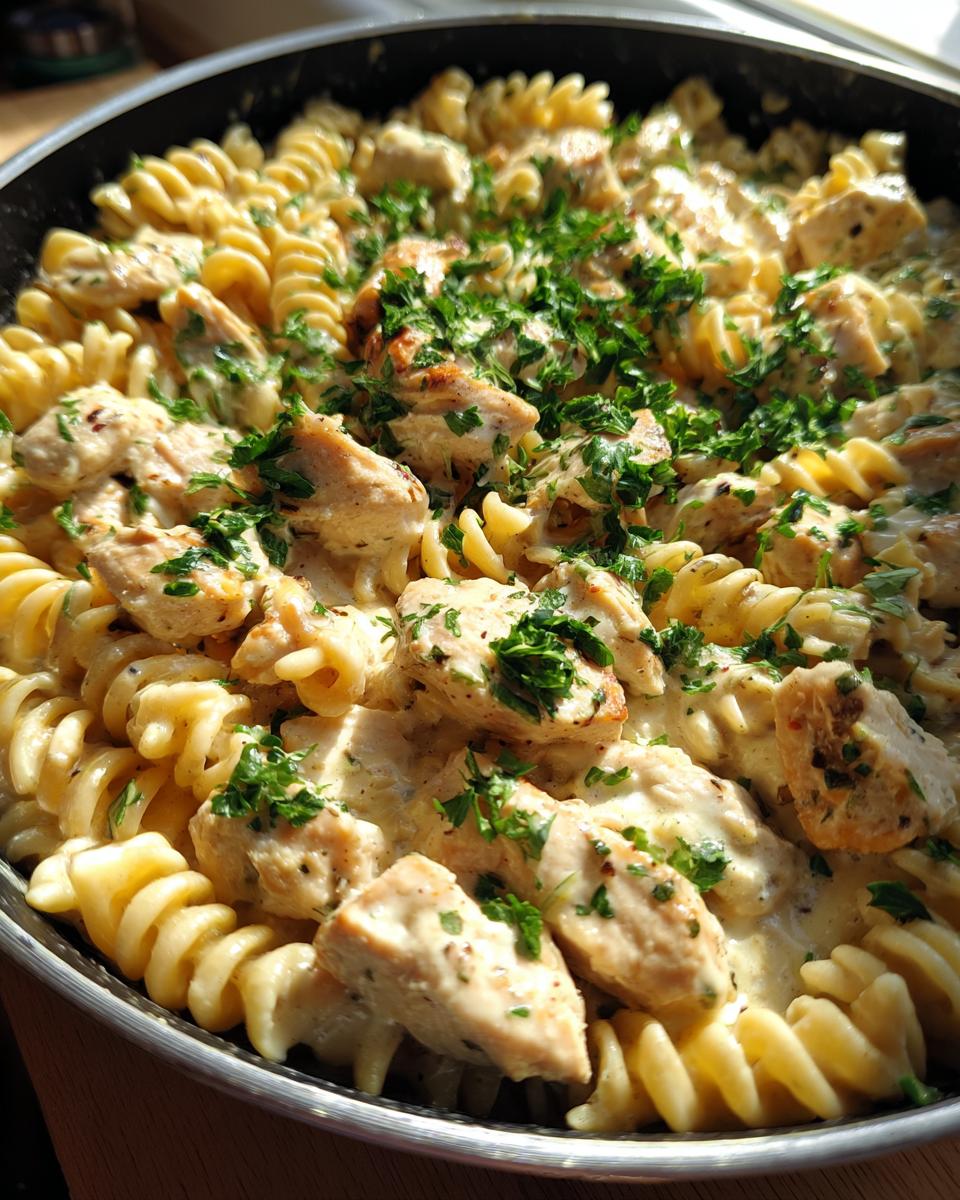 Close-up of creamy chicken pasta made with fusilli, coated in a rich garlic parmesan sauce and topped with fresh parsley.