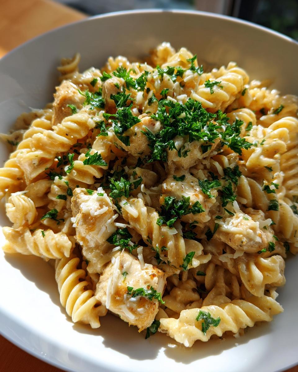 Close-up of rotini pasta mixed with chicken chunks in a creamy garlic parmesan sauce, topped with fresh parsley.