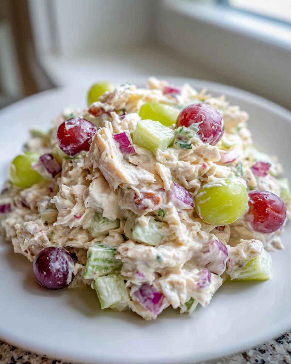 A close-up serving of creamy chicken salad mixed with red onion, celery, and whole red and green grapes.