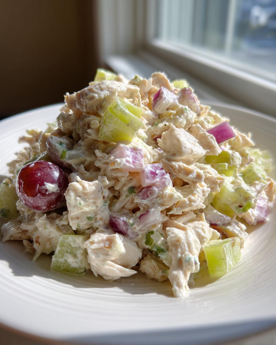 A close-up of a generous serving of creamy chicken salad mixed with celery, red onion, and grapes on a white plate.