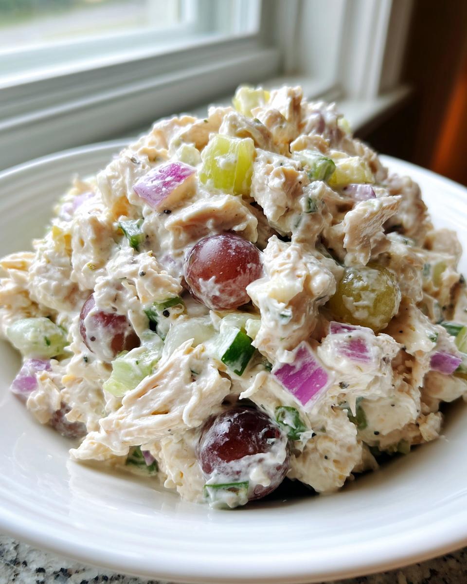 A close-up of a generous serving of creamy chicken salad mixed with red grapes, celery, and red onion.