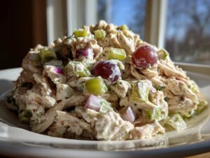 A close-up of a generous mound of creamy chicken salad mixed with celery, red onion, and red grapes.