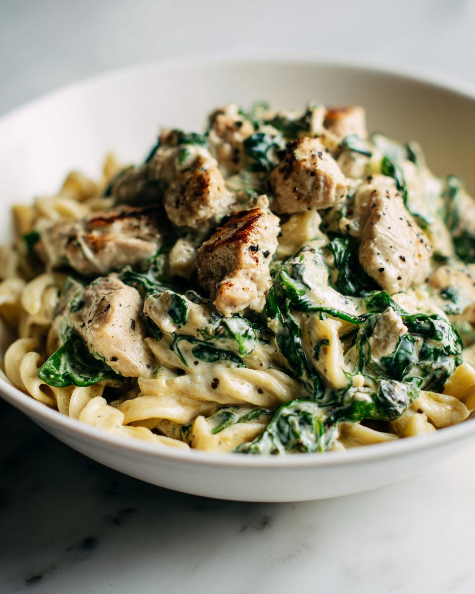 Close-up of creamy chicken spinach pasta featuring chunks of seasoned chicken and wilted spinach mixed with fusilli pasta.