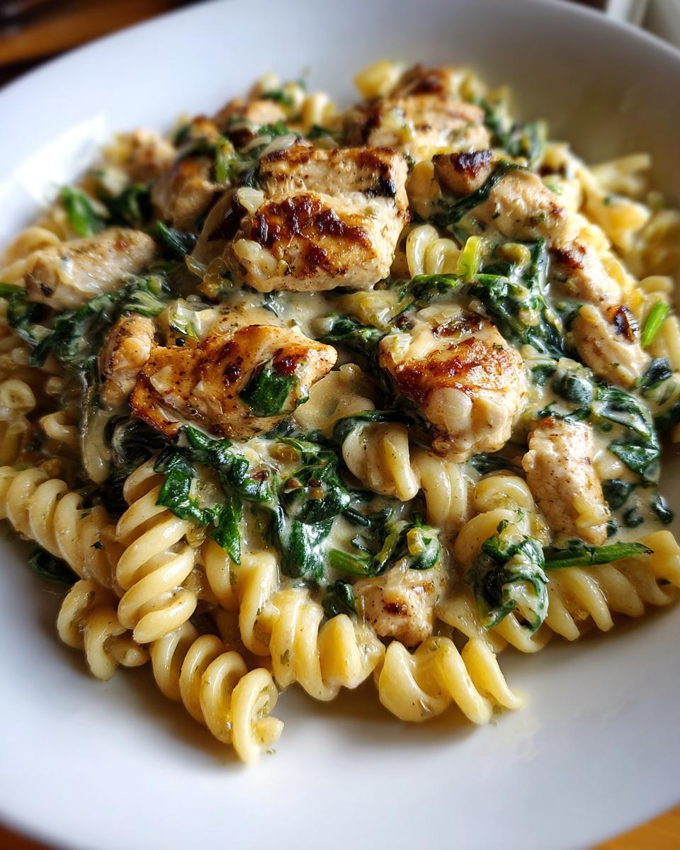 Close-up of a bowl of creamy chicken spinach pasta featuring grilled chicken pieces and fusilli pasta.