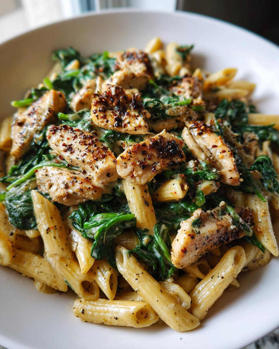A close-up view of creamy chicken spinach pasta featuring penne pasta, wilted spinach, and seasoned chicken pieces.