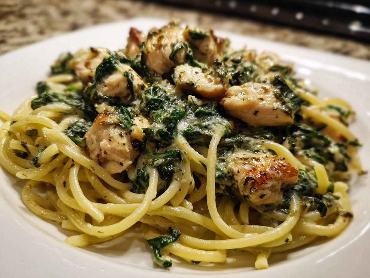 A close-up of a serving of creamy chicken spinach pasta, featuring tender chicken pieces and wilted spinach coating spaghetti.