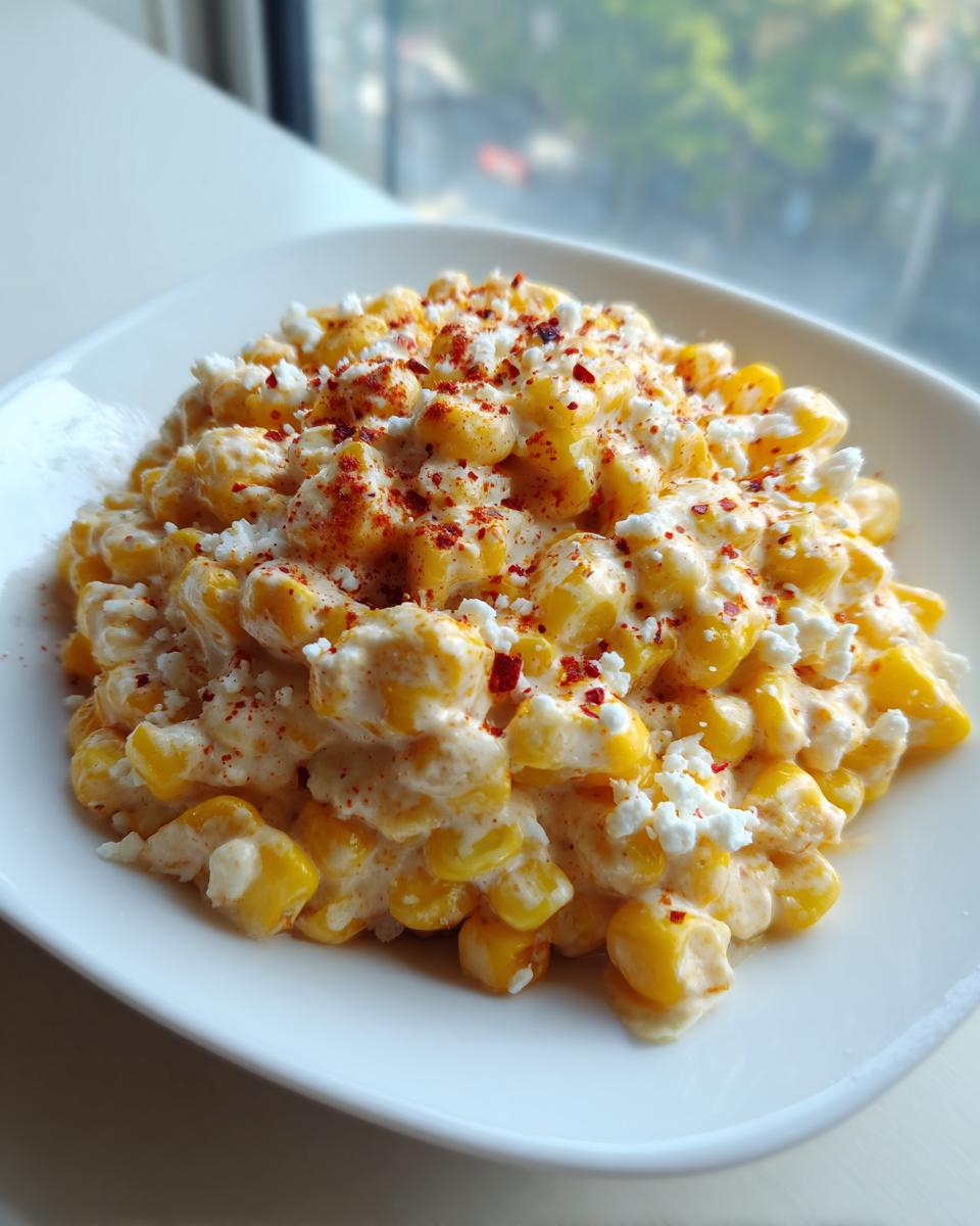 A close-up of a serving of creamy corn salad topped with crumbled white cheese and red chili flakes.