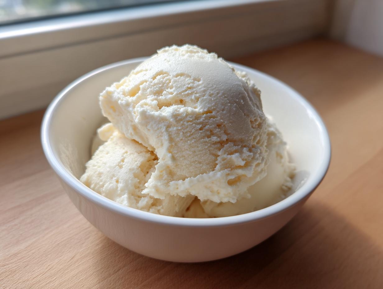 Two scoops of creamy, pale yellow cottage cheese ice cream served in a small white bowl.
