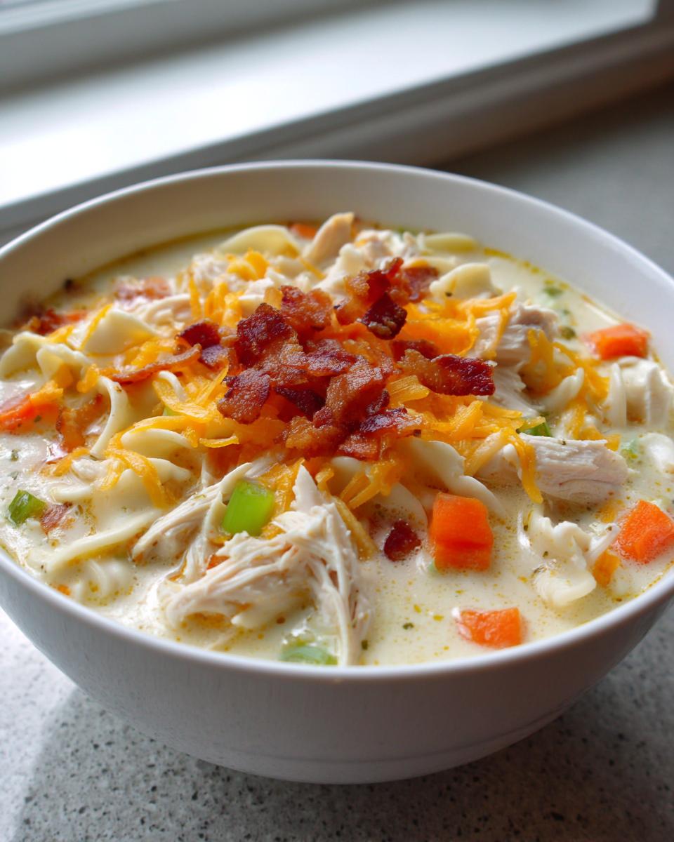 A close-up of a bowl of creamy crack chicken noodle soup, loaded with shredded chicken, noodles, carrots, and topped with cheddar cheese and bacon bits.