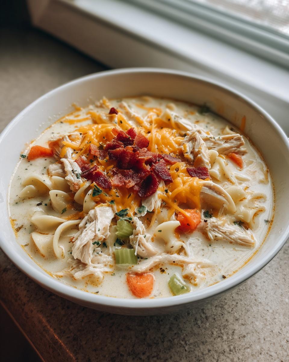 A bowl of creamy crack chicken noodle soup topped with shredded cheddar cheese, bacon bits, and fresh herbs.