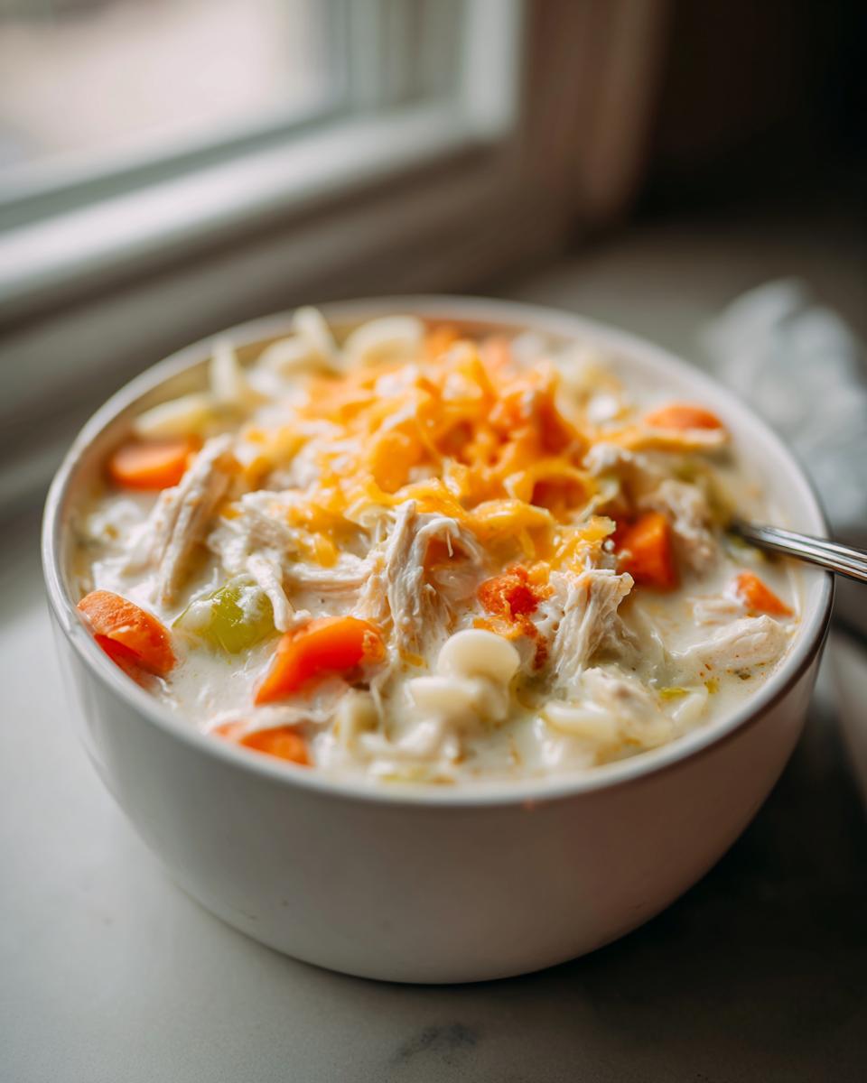 A close-up of a white bowl filled with creamy crack chicken noodle soup, topped with shredded cheddar cheese, carrots, and chicken.