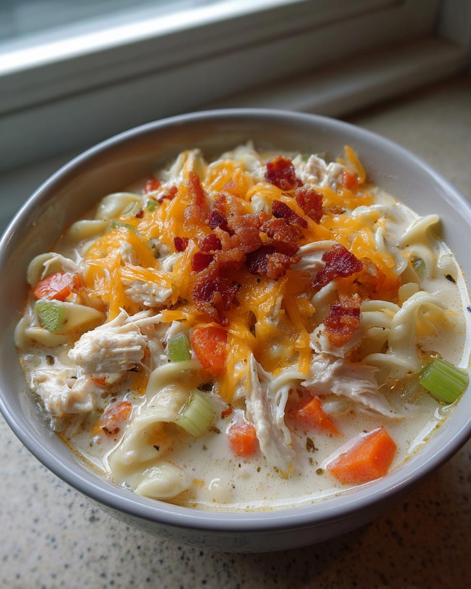 A close-up of a bowl of creamy crack chicken noodle soup, loaded with shredded chicken, noodles, carrots, celery, cheddar cheese, and bacon bits.